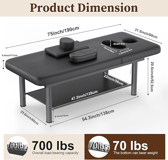 Olela Heavy Duty Stationary Massage Table with Adjustable Backrest, 31.5" Wide Professional Spa Facial & Therapy Bed, Metal Frame PU Leather Treatment Table for Salon & Clinic