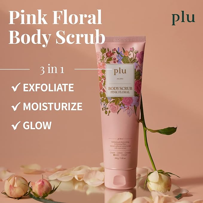 PLU Korean Walnut Body Scrub Pink Floral with Manuka Honey - Exfoliating & Moisturizing & Firming Glow - for Acne, Cellulite, Stretch Marks, Spider Veins, Fresh & Elegance Rose Scent 6.76 oz.