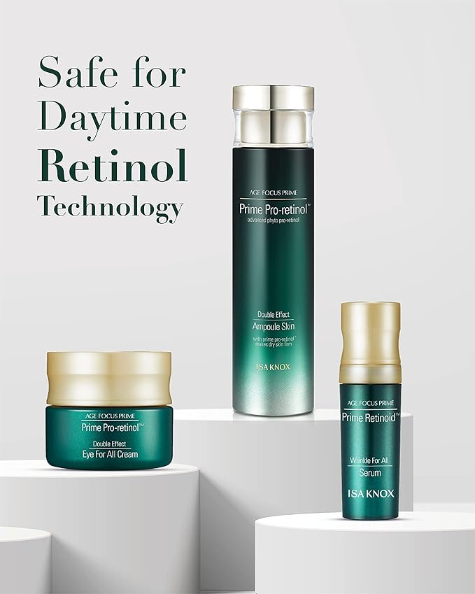 ISA KNOX AGE FOCUS PRIME Double Effect Ampoule Toner, PRIME Wrinkle For All Serum & PRIME Eye For All Cream (177 ml/5.99 fl oz) - Korean Skin Care by LG Beauty. Daytime Retinol.