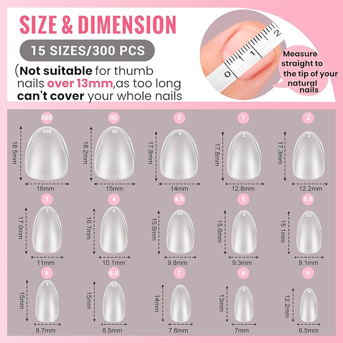 Extra Short Wide Fit Almond Nail Tips for Short Wider Nail Beds,SINOKAME Full Matte No File XS Almond Gel Press On Nails Clear,Paintable Fake Nails Durable 15 Sizes 300 Pcs