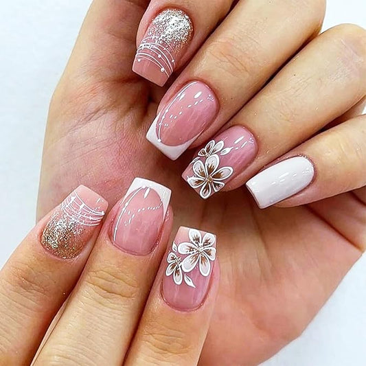 Brown Flower Press on Nails 24Pcs Glossy Gold Glitter Acrylic Fake Nail French Tips Short Square False Nails Curve Line Gel Glue on Nail Polka Dots Stick on Fingernails for Coquette Women Girls