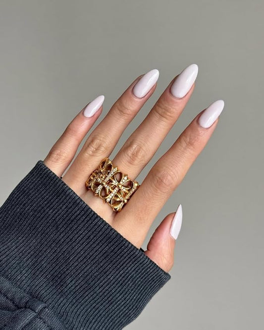 Press On Nails Almond, WOOYAS Medium Length Fake Nails Light Purple Grey Glue On Nails Full Cover False Nails with Nail Glue Adhesive Tabs, 24Pcs Reusable Nails Kit for Women