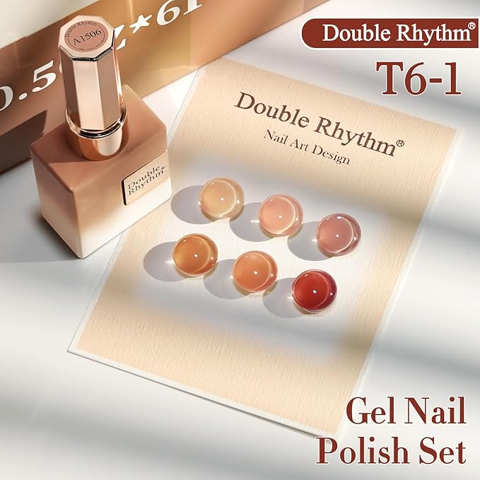 Double Rhythm 6 Pcs 15 ML Gel Polish Set Same Color Same Bottle Soak Off Gel Polish Kit Nail Art Manicure Salon DIY at Home for Women (Translucent Milky Brown Nude Orange Rose Red-T6-1)