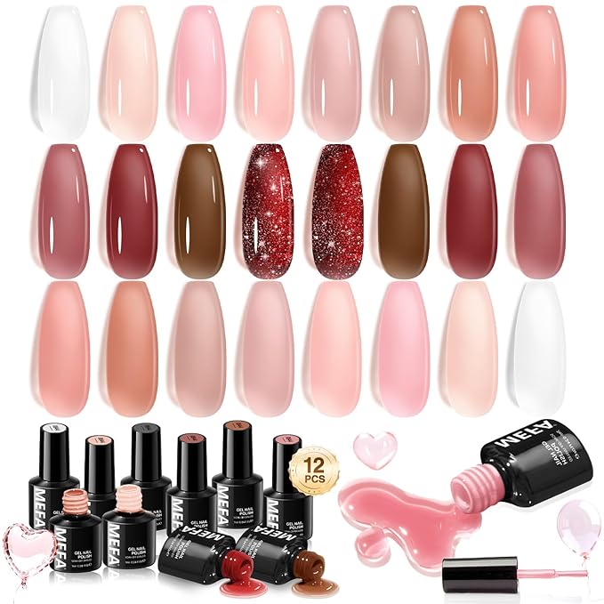 MEFA Jelly Gel Nail Polish Set, 12 Colors Jelly Red Glitter Nail Polish Set Nude Pink Milky White Nail Polish Gel Neutral Transparent Sheer Red Gel Nail Gifts for Women Girl DIY Salon Home Manicure