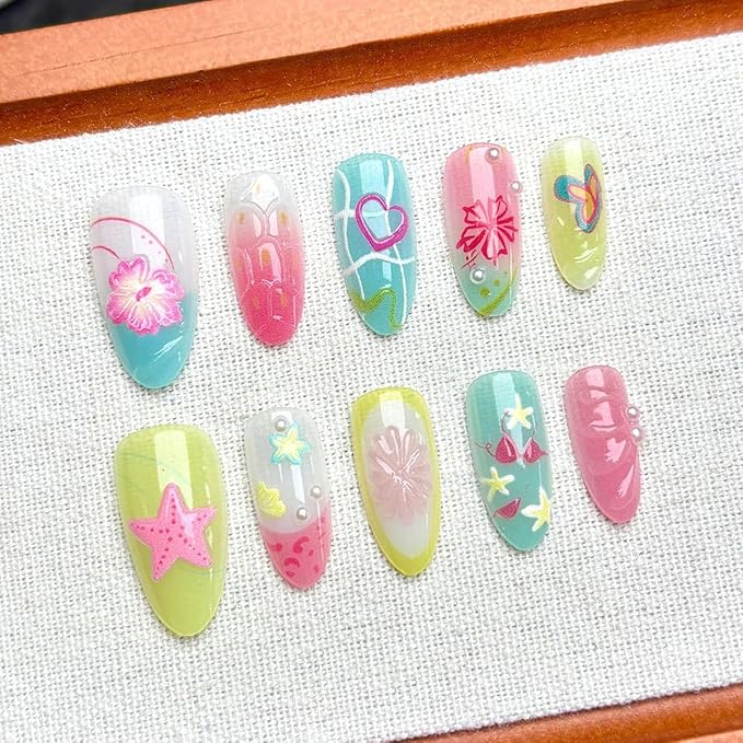 30Pcs Cute Press on Nails Medium Almond Fake Nails Summer Press ons 3D Pearl Flower Glue on Nails Beach Starfish False Nails Lemon Butterfly Heart French Tip Nails Handmade Acrylic Nails Set for Women