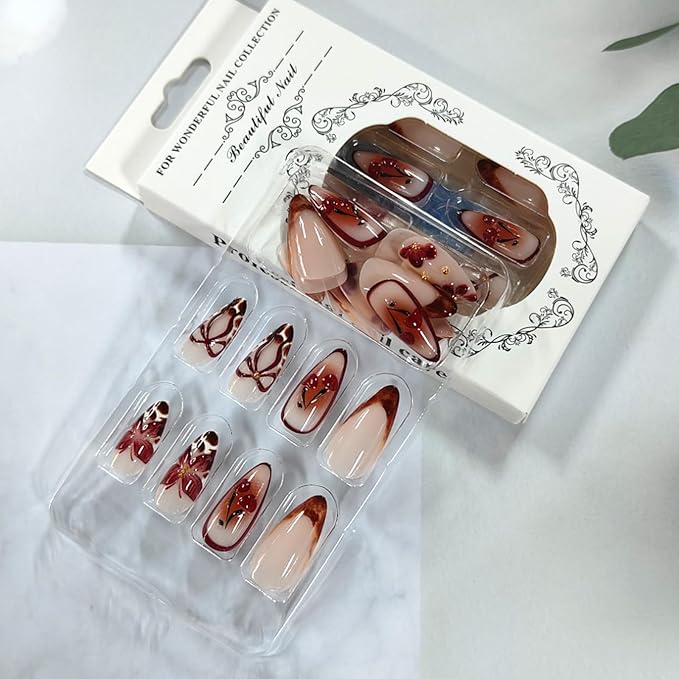 Brown French Tip Press on Nails Medium Almond Fake Nails with 3D Flower Butterfly Designs Nude Glossy Acrylic False Nails Red Cherry Glue on Nail Cute Bow Stick on Nail for Women 24Pcs