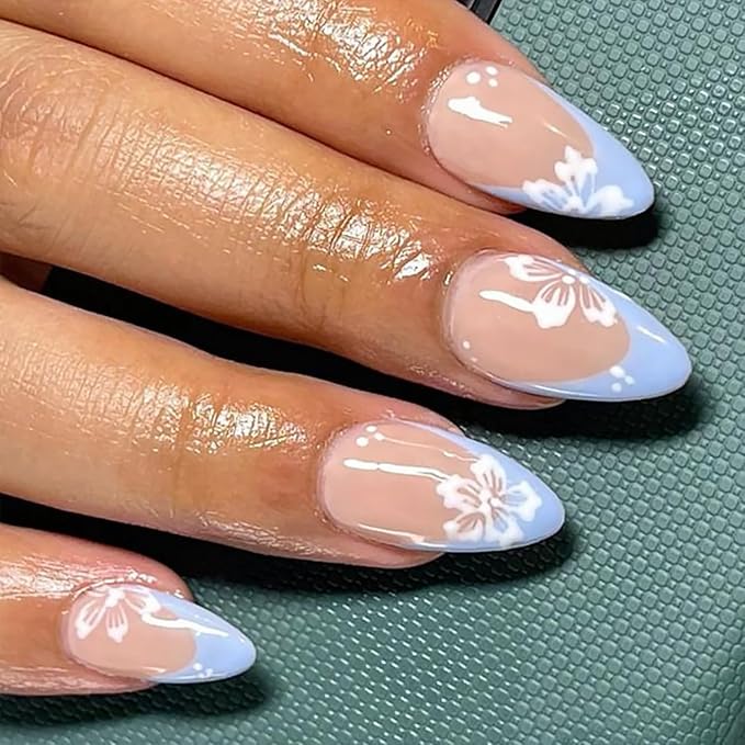 24Pcs Flower Press on Nails Medium Almond Fake Nails Blue French Tip False Nails with White Flower Design Spring Summer Artificial Nails Full Cover Glue on Nails Glossy Stick on Nails for Women DIY
