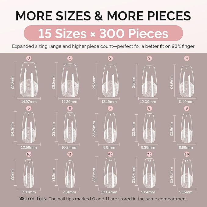 MelodySusie Medium Coffin X Nail Tips - 300Pcs Clear Acrylic, Half Matte Full Cover Press on Nails for DIY Extension & Salon Use,15 Sizes Pre-Shaped for Long-Lasting Manicure