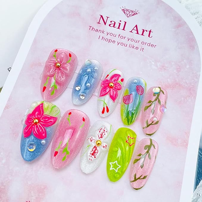 30Pcs 3D Flower Press on Nails Medium Almond Fake Nails with Gem Rhinestones Design Heart Bow Acrylic Nails Full Cover Cute Flowers False Nail Reusable Fall Stick on Nail for Women Manicure Decor