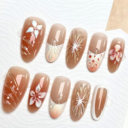 30Pcs Flower Press on Nails Medium Almond Fake Nails with 3D Ice Flower Shell Design Brown Ombre Spring Summer Floral False Nails White French Tip Acrylic Glossy Stick on Nails for Women