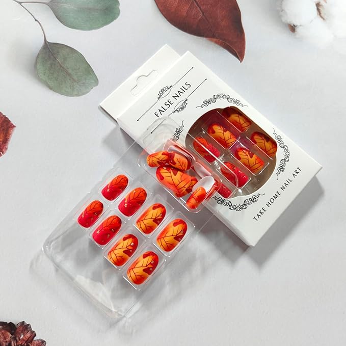 Fall Press on Nails Short Oval Fake Nails Red Yellow Gradient Maple Leaf False Nails Thanksgiving Glue on Nails Gold Glitter Acrylic Nail Press ons Autumn Manicure Kit for Coquette Women 24Pcs