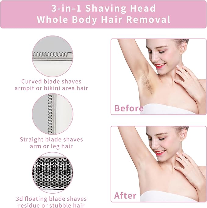 Electric Razor for Women Men,4 in 1 Painless Ladies Wet & Dry Body Razors and Facial Hair Remover,Rechargeable Led Display Hair Removal Kit for Nose Face Body Leg Bikini Arm Hair (Pink)