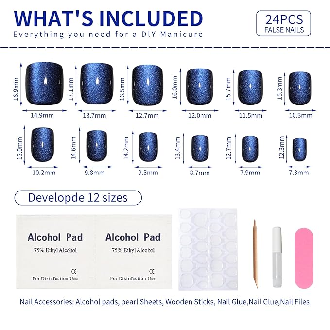 Blue Square Press On Nails Short, Blue to Black Gradient Cat Eye Press on Nails with Glue for Women Ashionable Gel False Nails Reusable Acrylic False Nails Women's Glitter Nails Glue On Nails Kit