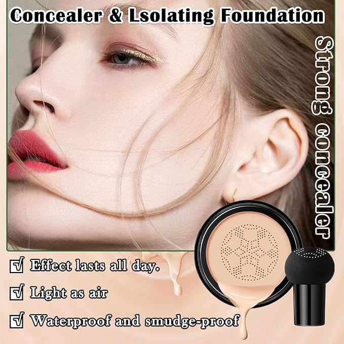 Air Cushion CC Cream Mushroom Head Foundation,Full Coverage Liquid Makeup Foundation,Oil Control Long Lasting Moisturizing BB Cream Foundation Makeup,Matte Concealer for All Skin Types(Ivory)