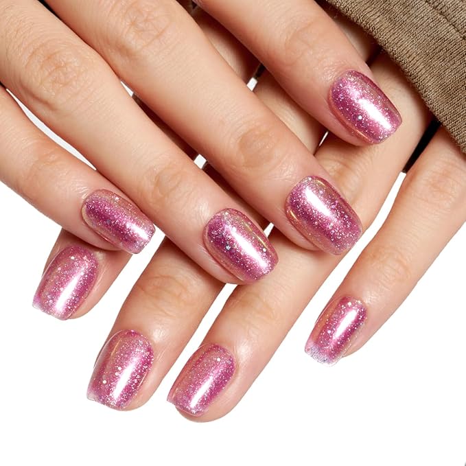 GLAMERMAID Glitter Pink Press On Nails Extra Short Square, Handmade Jelly Soft Gel Nails Fake Nails kit, Glossy Nails Manicure Kits Stick Glue on False Nail for Women Galaxy Star Design