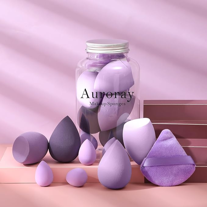 14 Pcs Makeup Sponge Set, Beauty Sponges Blender with 4 Pcs Powder Puff and 4 Pcs Mini Make up Sponges for Liquid,Foundation,Powder,Concealer,Cream (Purple)