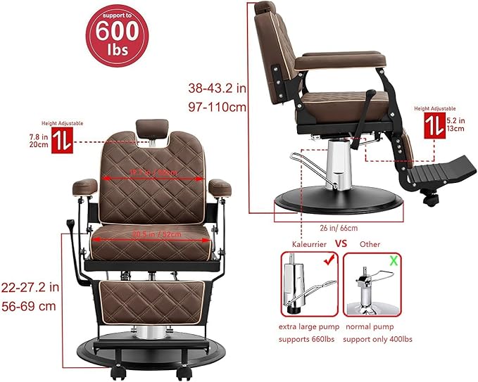 Kaleurrier Salon Chair for Hair Stylist: Heavy Duty Barber Chairs with headrest and footrest - Reclining Hair Styling Chair for Salon Station Barbershop Tattoo Shop Home Hair Cut Massage Brown