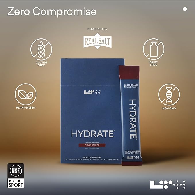 LTH Hydrate Hydration Mix - Trusted by Life Time Fitness Members - NSF Certified for Sport - Electrolyte Powder - Plant-Based, Non-GMO, Gluten Free - 15 Single-Serve Packets (Blood Orange) - 2- Pack