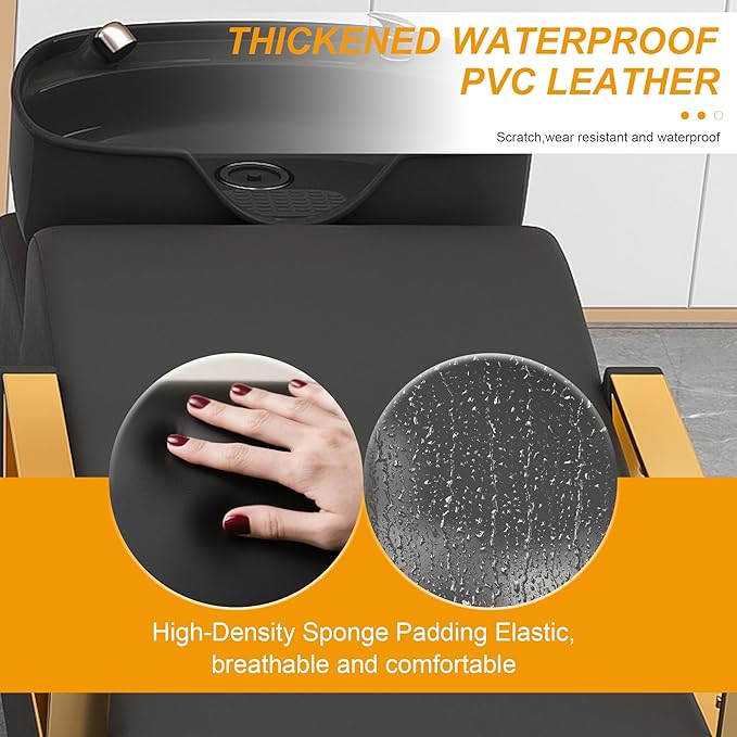 Shampoo Bowl and Chair Set for Salon, Hair Washing Station for Hair Stylist, ABS Backwash Shampoo Bowl Sink with Independent Footrest for Spa Beauty Barbershop(Black+Gold)