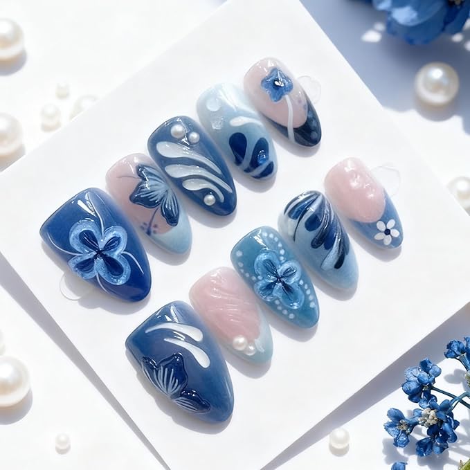Long Almond Shape Press on Nails Blue Floral Fake Nails Stick on Nail for Women 24pcs