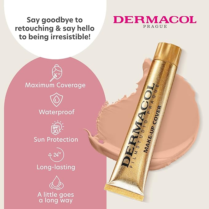 Dermacol - Full Coverage Liquid Matte Foundation, with SPF 30, Waterproof, for Oily Skin, Acne, & Under Eye Bags, Long-Lasting Makeup Products, 30g, Shade 210