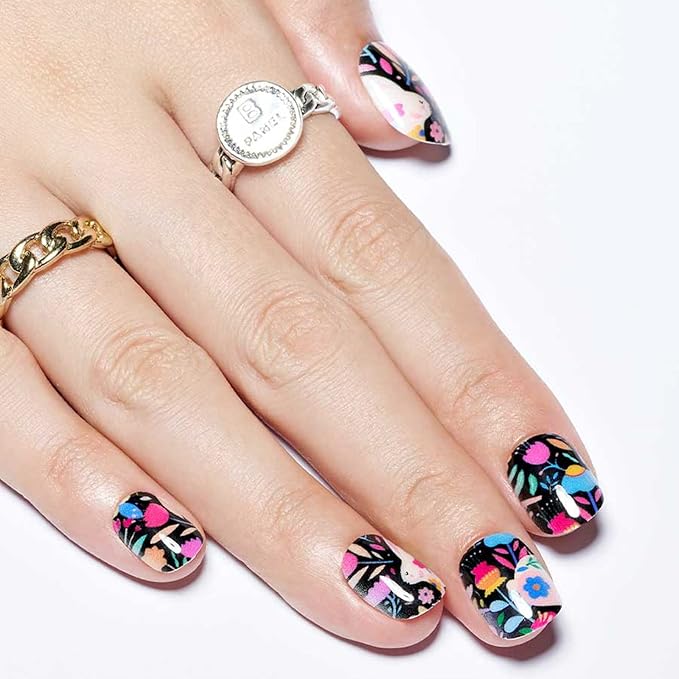 GLAMERMAID Extra Short Press on Nails 24PCS, Fall Black Rabbit in Flower Fall Gel Glue on Nails, Glossy Round Reusable UV Finish Fake Nails Acrylic False Nails Manicure Kits for Women