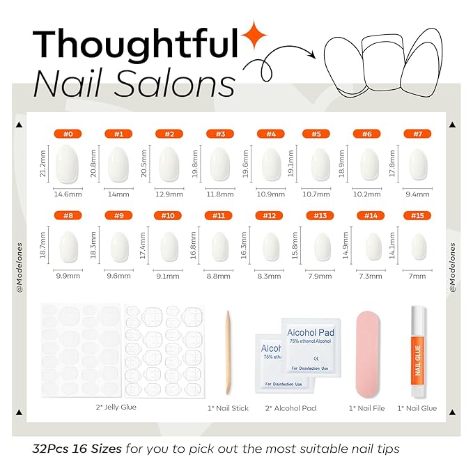 modelones Short Press on Nails, Oval Fake Nails Kit Press Ons with Nail Glue, Adhesive Tabs, Nail File, Prep Pad, Manicure Stick, 32Pcs 16 Sizes, Milky White, Christmas