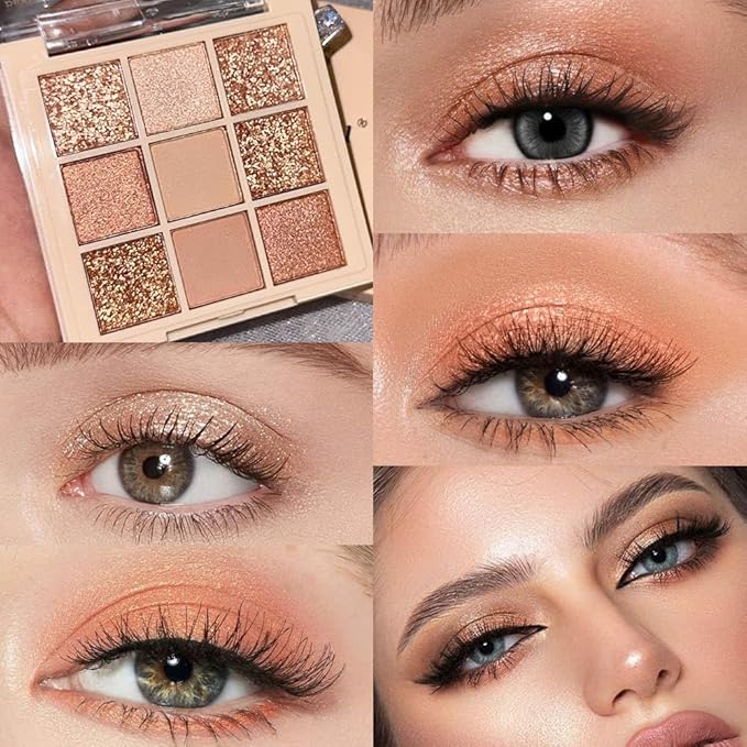 9Colors Champagne Rose Gold Eye Shadow Palette Makeup,Highly Pigmented Shimmer Pink Eyeshadow Palette Nude Glitter Sparkly Eye Shadows Long Lasting Waterproof Blendable Naturing-Looking