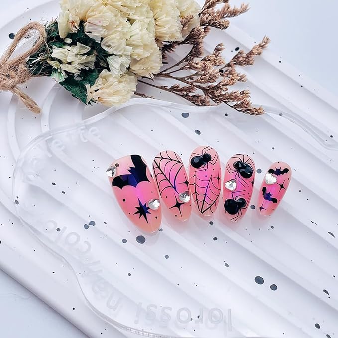 30Pcs Halloween Spider Bat Press on Nails Medium Almond Fake Nails with Rhinestone Designs 3D Goth Spider Web False Nail Pink Halloween Glue on Nail for Women Glossy Reusable Halloween Nails Art
