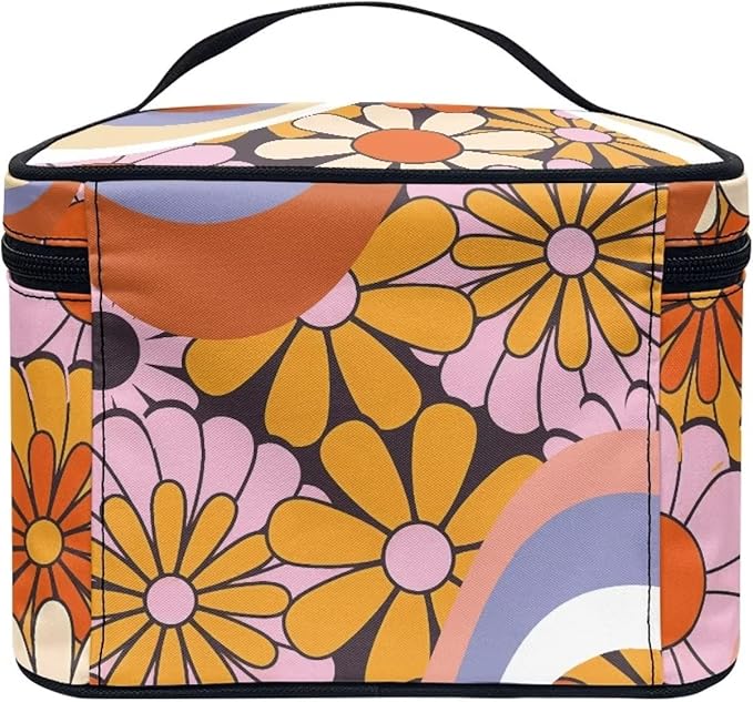 Hippie Daisy 70s 80s Wavy Swirl Design Makeup Bags for Women Large Capacity Toiletry Organizer Bags Portable Tote Cosmetic Pouch with Carry Handle and Brushes Slots Travel Sccessories
