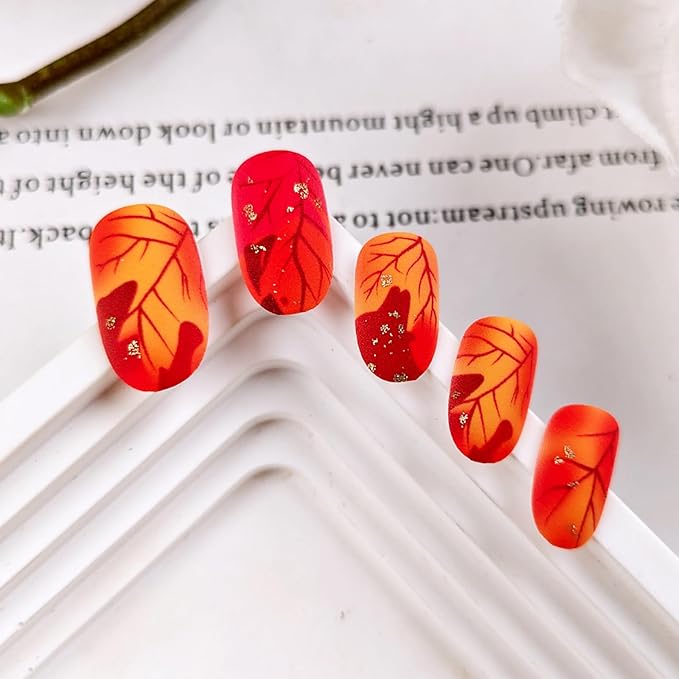 Fall Press on Nails Short Oval Fake Nails Red Yellow Gradient Maple Leaf False Nails Thanksgiving Glue on Nails Gold Glitter Acrylic Nail Press ons Autumn Manicure Kit for Coquette Women 24Pcs