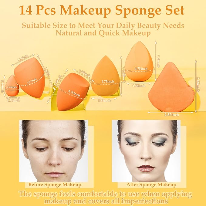 14 Pcs Makeup Sponge Set,Beauty Sponges Blender with 4 Pcs Powder Puff and 4 Pcs Mini Make up Sponges Birthday Gift,Mother's Day Gift for Women Liquid,Foundation,Powder,Concealer,Cream(Orange)