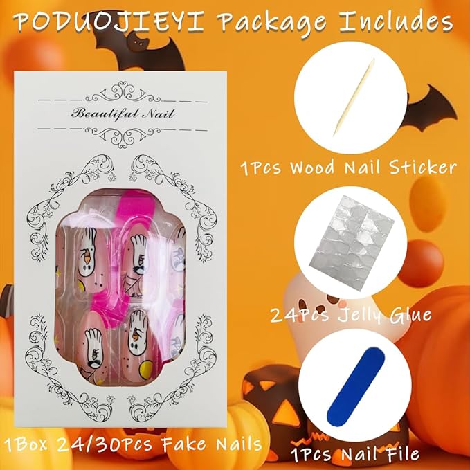 24Pcs Halloween Ghost Press on Nails Medium Almond Fake Nails with Stars Bat Spider Web Designs Glue on Nail Glossy Nude Acrylic Nail Halloween Full Cover Stick on Nails for Women DIY Manicure Salon
