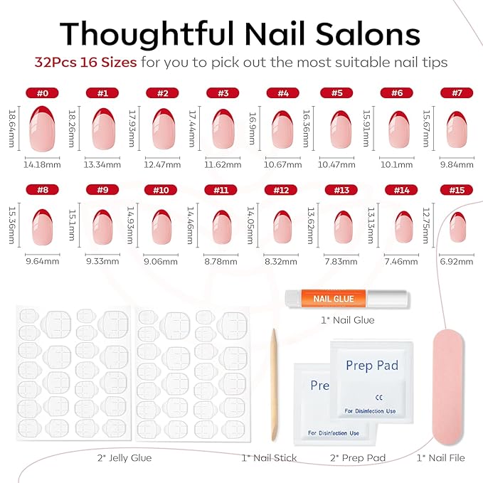 Modelones Red French Tip Press on Nails Short, Christmas Oval Fake Nails, Reusable Nail Kit with Nail Glue Adhesive Tabs Mini Nail File, Nails Press Ons 32Pcs 16Sizes, Women Girl Gift