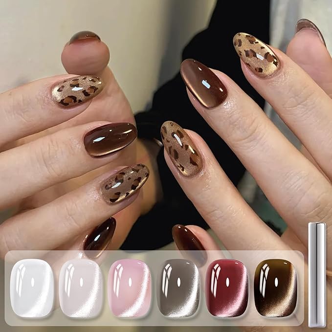 Born Pretty Cat Magnetic Eye Gel Nail Polish, 6 Colors Retro Magnetic Glitter Gel Polish Set Silver Pink Red Nail Polish Kit Soak Off LED Nail Art DIY Salon Gift