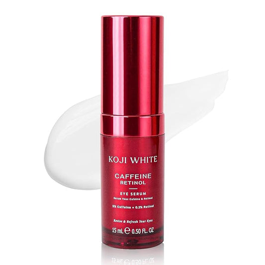 Koji White 3% Caffeine Eye Serum with 0.2% Retinol, Peptides, Hyaluronic Acid & Vitamin C for Puffiness & Dark Circles - Unscented, Vegan, Fragrance-Free 15 ML (0.50 Fl Oz)