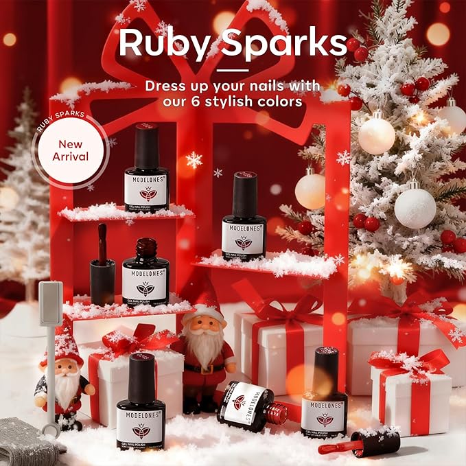 modelones Red Gel Nail Polish Set - 6 Colors 2025 Christmas Winter Ruby Glitter Cat Eye Magnetic Gel Polish Burgundy Red Sparkle Bloody Nail Polish Kit Soak Off LED Thanksgiving Nail Art DIY Gift