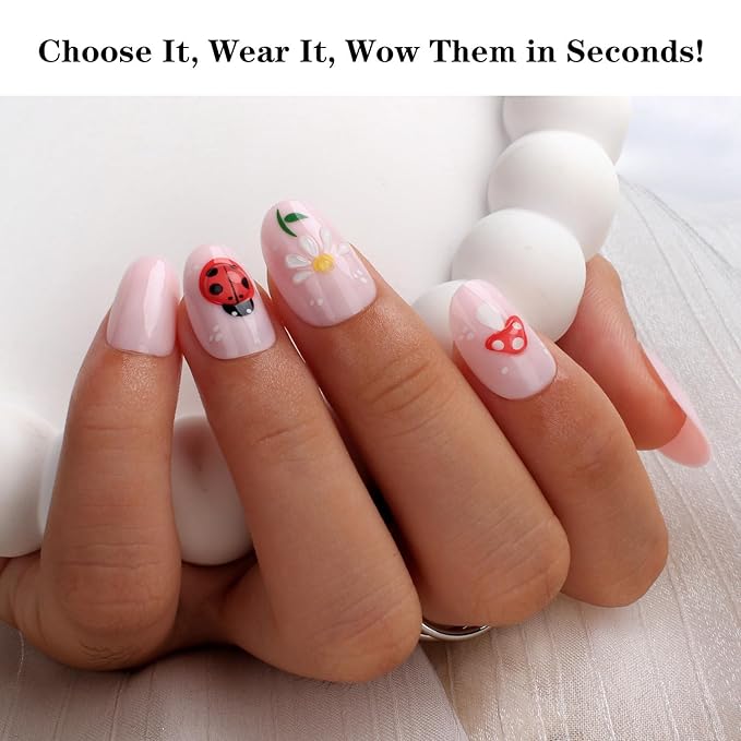 3D Nature Press On Nails Short Oval 24PCS Cute Fake Nails with Butterfly, Ladybug, Mushroom & Flower Art, Pink Glossy Acrylic Stick On Nails with Glue Kit for Girls & Women