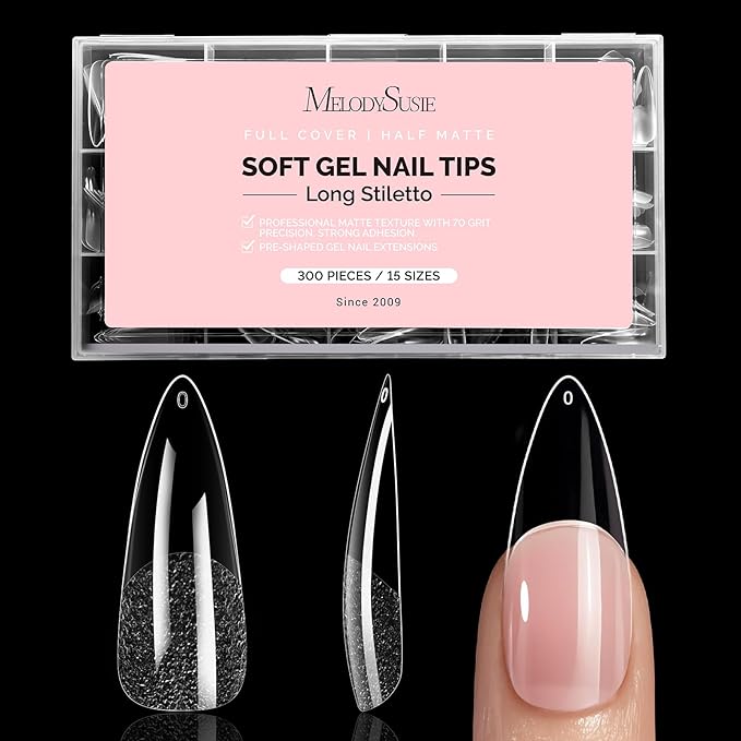 MelodySusie Stiletto X Nail Tips - 300Pcs Clear Acrylic, Half Matte Full Cover Press on Nails for DIY Extension & Salon Use,15 Sizes Pre-Shaped for Long-Lasting Manicure