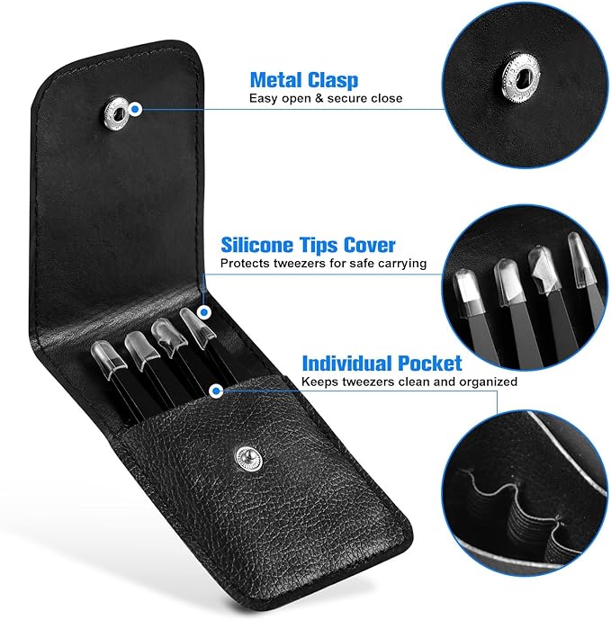 Tweezers for Women Facial Hair, 4Pcs Professional Beauty Tools Stainless Steel Precision Eyebrow Tweezers for Splinter Blackhead and Ingrown Hair Removal, Black