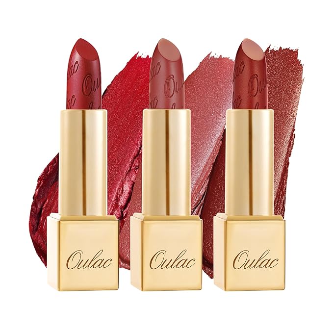 Oulac Metallic Red Lipstick Set 3PCS High Impact Lipcolor with Moisturizing Formula, Vegan Beauty, Full-Coverage Lip Color, Gift Lipstick for Women, 4.3g X 3PCS, 12+GM05+GM13