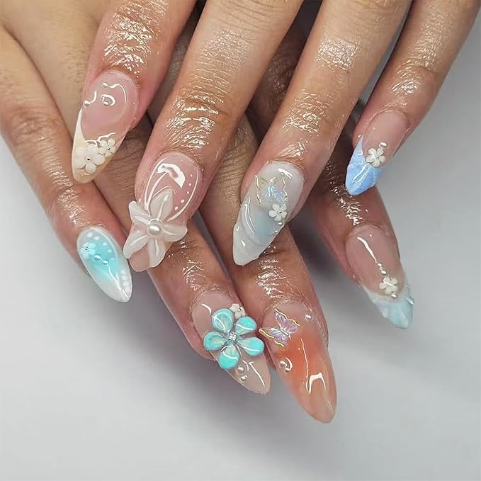 24pcs Summer Press on Nails Medium Almond Fake Nails with 3D Flower Butterfly Designs Pearl Glue on Nails French Tip False Nails Kit Gradient Full Cover Acrylic Nails Stick on Nails for Women