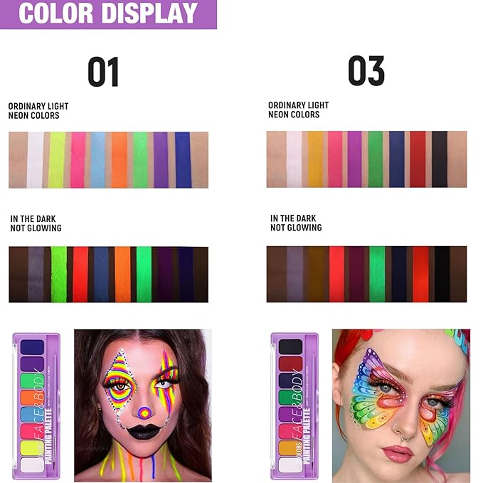 MEICOLY 2 Packs Water Activated Eye Liner Palette,Neon Face Paint Colored Retro Hydra Liner,Water Activated Eyeliner,Matte Graphic Eyeliner,UV Blacklight Glow Black White Face Body Paint,16 Colors