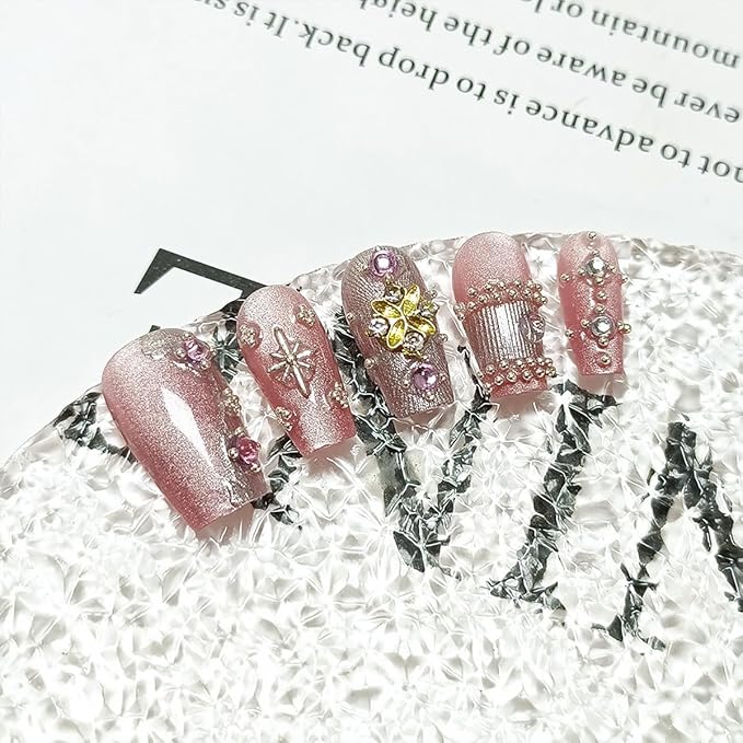 10Pcs Christmas Press on Nails Long Square Handmade Fake Nails with 3D Snowflake Star Gems Design Pink Glitter False Nails Xmas Stick on Nail Winter Glue on Nails Full Cover Artificial Nail for Women