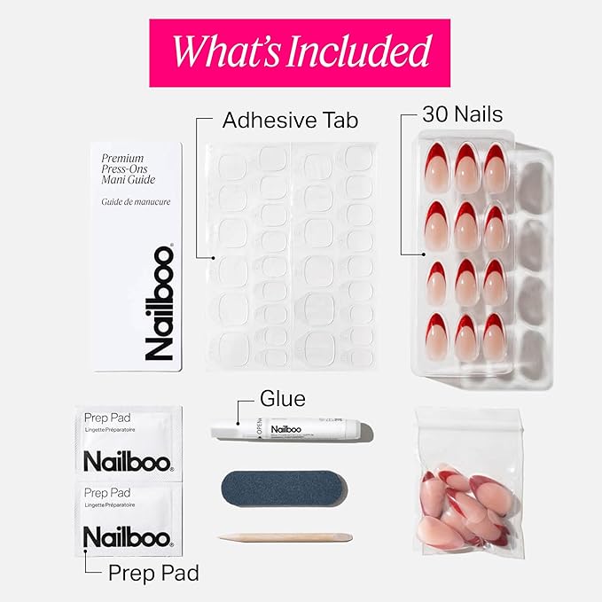 Nailboo Press On Nails, Salon-Quality Reusable Fake Nails for Fast DIY Manicure with Strong Hold Nail Glue for Press Ons, Nail File, & Alcohol Prep Pads, Femme Fatale