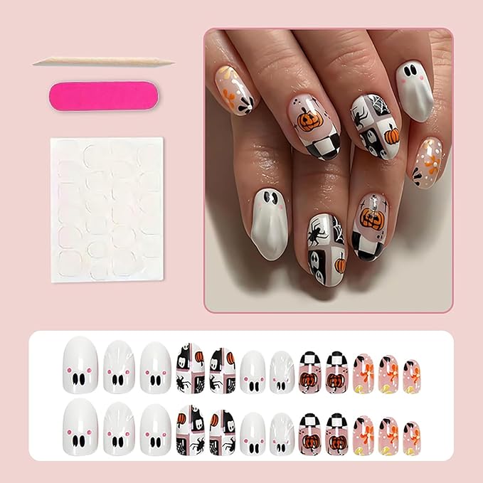 24Pcs Halloween Press on Nails Short Almond Fake Nails White Ghost Acrylic Nails with 3D Designs Horror Spider Pumpkin Glue on Nails Ghost Flower Spider Web False Nail Tips for Women Nail Designs