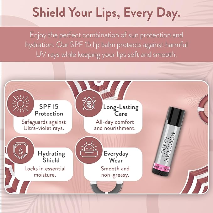 Moroccan Magic Beach Rose SPF 15 Lip Balm - Rose Vanilla | Argan Oil & Essential Oils | Family Owned | Cruelty Free | 2 Pack