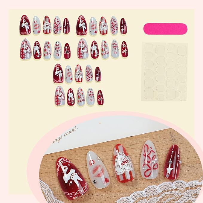 30Pcs Almond Press on Nails Medium French Fake Nails with Bow Cartoon Rabbit Design Rhinestone Pearl False Nails Heart Red Lips Stick on Nails Manicure Fingernail Handmade Nail for Women DIY