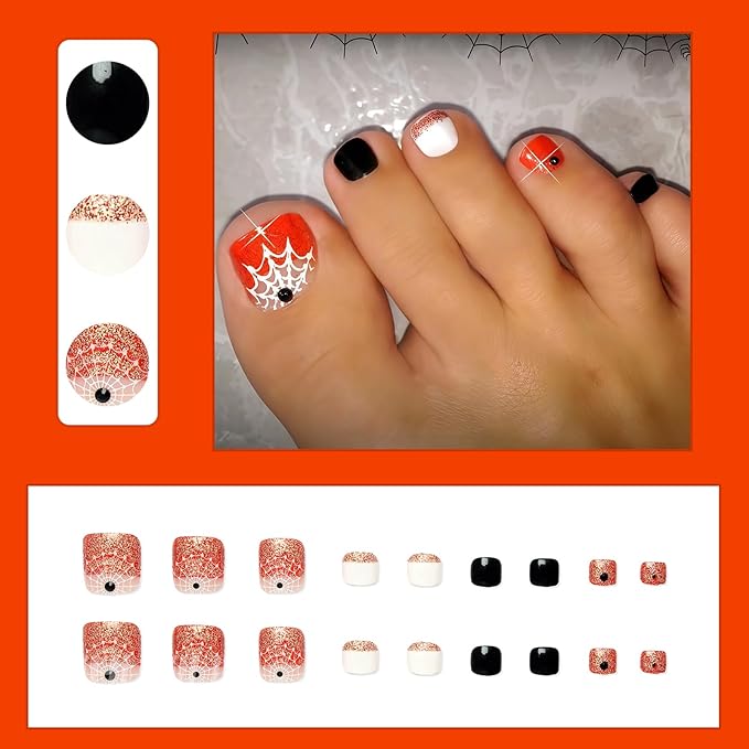 24Pcs Halloween Orange Glitter French Tips Press on Toenails Short Square Fake Toe Nails with Rhinestones White Spider Web Designs False Toenail Black Orange Halloween Acrylic Toenail for Women