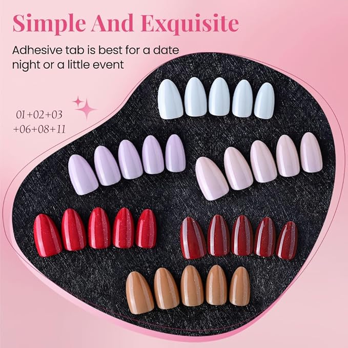 evpct Press on Nails Almond Short - White Light Violet Nude Pink Dark Ruby Red Brown Glitter Shimmer Press on Nails, Soft Gel Press Glue On Nail with Nail Glue, 180Pcs Reusable Acrylic Fake Nails Kit